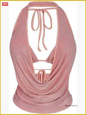 Plus Size Glitter Halter Top Draped Backless Sleeveless Y2k Going Out Crop Top